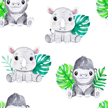 Watercolor hand-drawn color seamless childish pattern for kids with cute baby rhinoceros, gorilla and tropical leaves on a white background. Baby animal texture. Fabric design. Wallpaper. Palm leaf.の写真素材