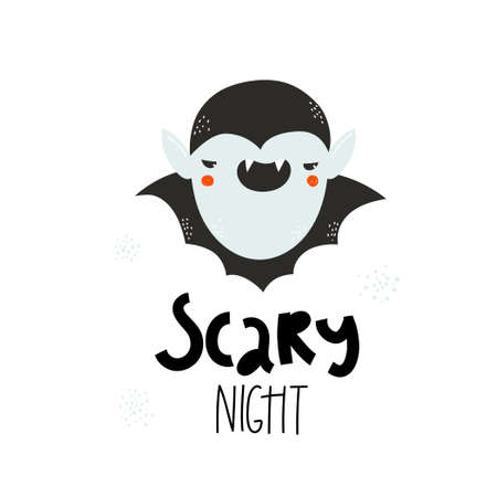 Scary night lettering. Cute smiling vampire. Happy Halloween. Vector cartoon spooky character. Vector design for greeting card and invitation of seasonal fall holidays, halloween.のイラスト素材