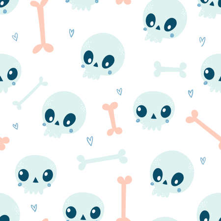 Vector color hand-drawn seamless repeating childish pattern with cute bones and skulls on a white background. Design for greeting card and invitation of seasonal fall holidays, halloweenのイラスト素材