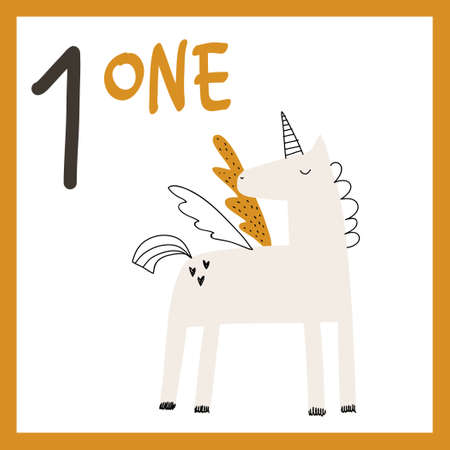 Number one. Cute hand drawn unicorn. Vector card for kids with numbers for teaching children to count and learn english words. Learn to count. Exercises for kids.のイラスト素材