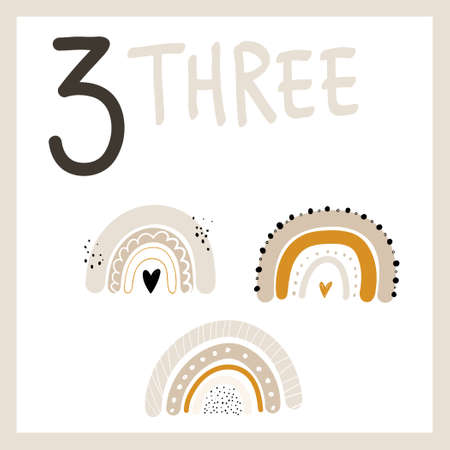 Number three. Cute hand drawn rainbows. Vector card for kids with numbers for teaching children to count and learn english words. Learn to count. Exercises for kids. Kids illustration.のイラスト素材