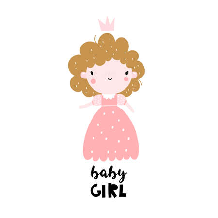 Vector hand-drawn colored childrens illustration with cute girl princess in a pink dress with a crown on a white background. Creative scandinavian kids print with lettering. Baby girl.のイラスト素材