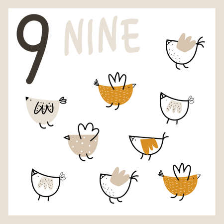 Number nine. 9. Cute hand drawn birds. Vector card for kids with numbers for teaching children to count and learn english words. Learn to count. Exercises for kids. Kids illustration.のイラスト素材