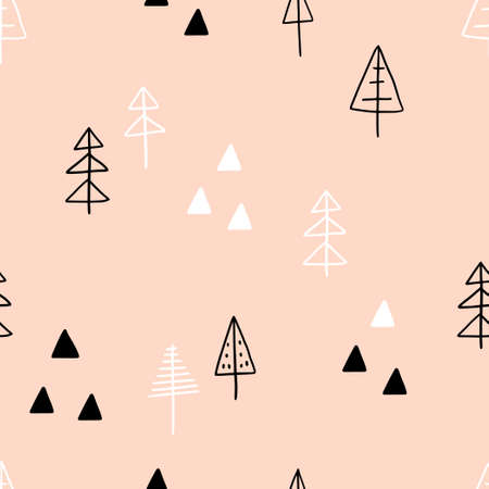 Vector seamless pattern with doodle cute mountains and trees on a pink background. Cute mountains background. Nature. Landscape. Creative kids texture for fabric, wrapping, textile, wallpaper.のイラスト素材