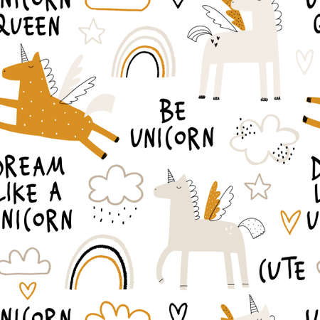 Vector color hand-drawn seamless repeating childish pattern with cute unicorns in Scandinavian style on a white background. Kids texture for fabric, wrapping, textile, wallpaper, apparel. Horse.のイラスト素材