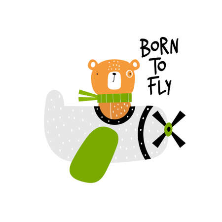 Vector hand-drawn illustration of a cute funny bear flying in an airplane and text. Animal pilots. Born to fly lettering. Greeting card, print, poster design for kids. Trendy scandinavian character.のイラスト素材