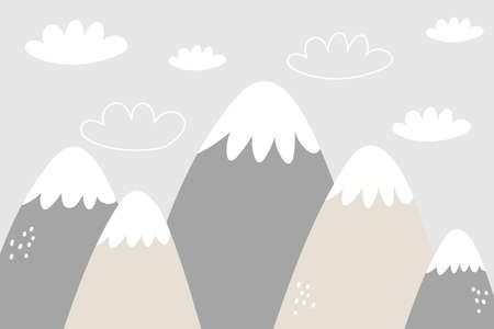 Vector color children hand drawn doodle mountain illustration in scandinavian style. Mountain landscape, clouds. Childrens wallpaper. Mountainscape, childrens room design, wall decor.のイラスト素材