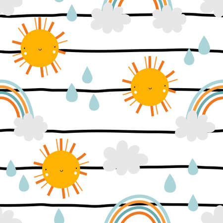 Vector hand-drawn seamless childlish pattern with cute sun, clouds, drops and rainbows on a striped background. Kids texture for fabric, wrapping, textile, wallpaper. Trendy scandinavian print.のイラスト素材