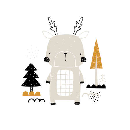 Vector hand-drawn colorful childrens illustration with cute deer and trees on a white background. Creative scandinavian forest card, poster, print for kids. Cute animals. Trendy kids character.のイラスト素材
