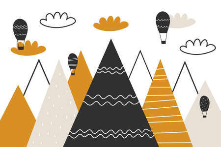 Vector color children hand drawn mountain, air balloon and clouds illustration in scandinavian style. Mountain landscape. Childrens wallpaper. Mountainscape, childrens room design, wall decor.のイラスト素材