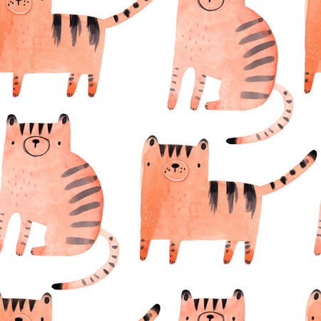 Watercolor hand-drawn seamless repeating color childish pattern with cute wild cats in Scandinavian style on a white background. Print with tigers. Jungle animals. Trendy kids texture.の写真素材