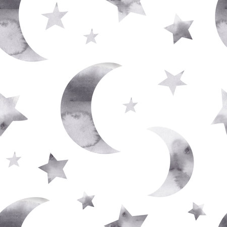 Watercolor hand-drawn seamless childish simple pattern for kids with cute moons and stars on a white background. Kids texture for fabric, wrapping, textile, wallpaper, apparel. Scandinavian design.の写真素材