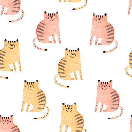 Watercolor hand-drawn seamless repeating color childish pattern with cute wild cats in Scandinavian style on a white background. Print with tigers. Jungle animals. Trendy kids texture.の写真素材