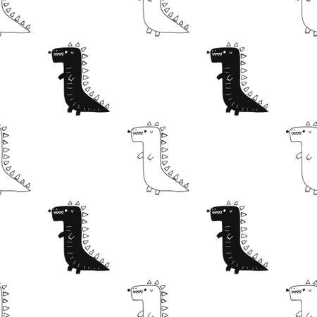 Vector hand-drawn seamless childish pattern with cute doodle dinosaurs on a white background.  Dino. Scandinavian style illustration.のイラスト素材