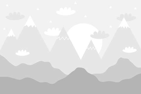 Vector color children hand drawn doodle mountain illustration in scandinavian style. Mountain landscape, clouds. Childrens wallpaper. Mountainscape, childrens room design, wall decor.のイラスト素材