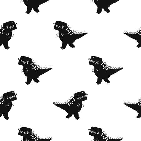 Vector hand-drawn seamless childish pattern with cute doodle dinosaurs on a white background.  Dino. Scandinavian style illustration.のイラスト素材