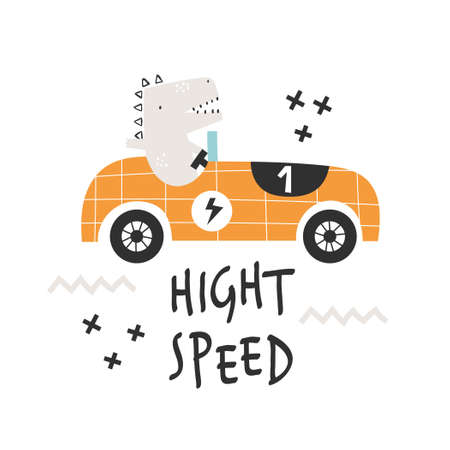 Vector hand-drawn illustration of a cute funny dinosaur rides in a retro racing car and text. Hight speed lettering. Greeting card, print, poster design for kids. Trendy scandinavian character.のイラスト素材