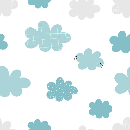 Vector hand-drawn colored seamless childish pattern with cute clouds on a white background. Scandinavian repeating kids texture. Cute background ideal for textiles, fabrics, wallpaper, wrapping paper.のイラスト素材