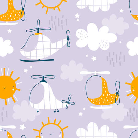 Vector hand-drawn seamless childish pattern with cute flying helicopters, sun and clouds on a purple background. Kids texture for fabric, wrapping, textile, wallpaper, apparel. Scandinavian design.のイラスト素材