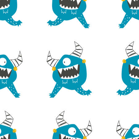 Vector hand-drawn seamless childish pattern with cute funny monsters on a white background. Alien. Kids texture for fabric, wrapping, textile, wallpaper, apparel. Scandinavian design. Illustration.のイラスト素材