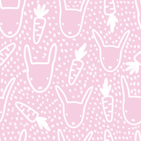 Cute hand-drawn childish seamless pattern with bunnies, carrots and dots on a pink background. Texture with linear simple heads of hares. Ideal for fabric, textile, clothing, wrapping paper.の写真素材