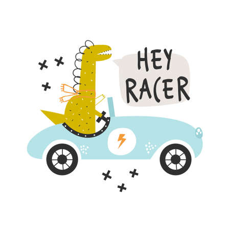 Vector hand-drawn illustration of a cute funny dinosaur rides in a retro racing car and text. Hey racer lettering. Greeting card, print, poster design for kids. Trendy scandinavian character.のイラスト素材
