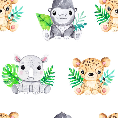 Watercolor hand-drawn color seamless childish simple pattern for kids with cute baby rhinoceros, gorilla, leopard and tropical leaves in on a white background. Animals texture. Fabric design.の写真素材
