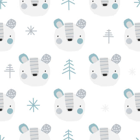 Vector seamless colored Christmas New Year winter pattern with cute bear, snowflakes on a white background. Childrens holiday print with bear. Kids texture for fabric, cards, wrapping paper.のイラスト素材