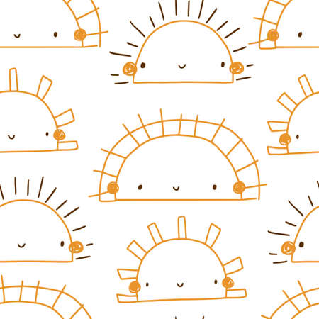 Vector hand-drawn color seamless pattern with cute smiling sun on white background. Cute simple print. Childish repeating texture. Ideal for fabric, wallpaper, textiles, baby clothes, wrapping paper.のイラスト素材