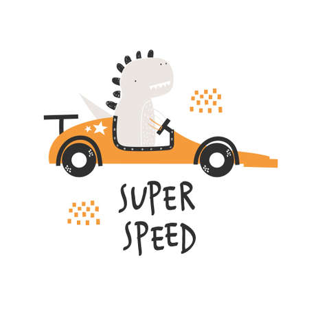 Vector hand-drawn illustration of a cute funny dinosaur rides in a retro racing car and text. Super speed lettering. Greeting card, print, poster design for kids. Trendy scandinavian character.のイラスト素材