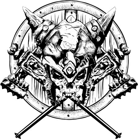 designs depicting the skull orc had two guns in the rear, a shield, and a helmet on his head, has the theme of adventure and pleasure.のイラスト素材