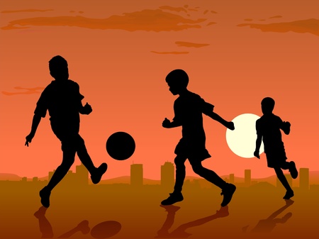boys play soccer on sunset, vector illustrationのイラスト素材
