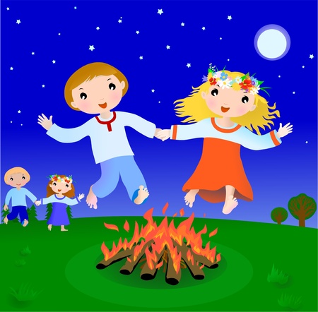 Happy couple cartoon boy and girl jump trough fire in the night, illustrationのイラスト素材