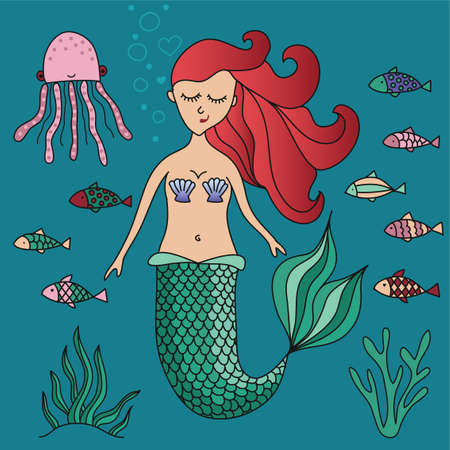 Lovely little mermaid - funny hand drawn doodle, Lettering poster or t-shirt textile graphic design. / wallpaper, wrapping paper, background.のイラスト素材