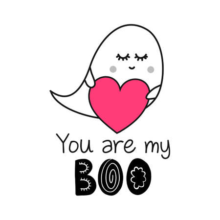 You are my Boo - Valentine's Day handdrawn illustration. Handmade lettering print. Vector vintage illustration with cute Ghost with lovely heart.のイラスト素材