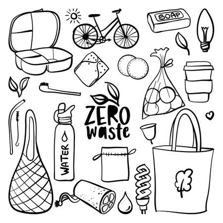 Zero waste reusable reusable items or products - Eco style. No plastic. Go green. Lettering poster t-shirt textile graphic design. Beautiful illustration protest against plastic garbage.のイラスト素材