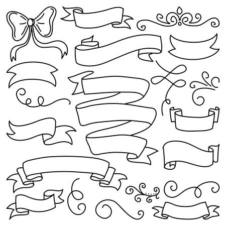 Set of cute ribbons in doodle style. Vector creative illustration of ribbons, bows on isolated white background. Big set of hand drawn isolated frames and different elements: hearts, banners,のイラスト素材