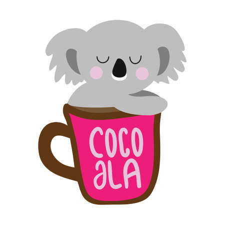 Cocoala (coffee and Koala) - Cute Koala relax in a cup of coffee. Hand drawn lettering for greetings cards, invitations. Good for t-shirt, mug, scrap booking, gift. Australia wildlife.のイラスト素材