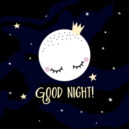 Good night - cute moon decoration. Little moon princess and stars, posters for nursery room, greeting cards, kids and baby clothes. Isolated vector.のイラスト素材
