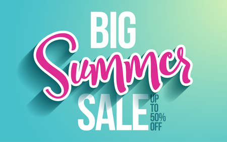 Big summer sale - banner with paper cut out summer word and up to 50% off text, flyer, invitation, poster, web site or advertising banner. Social media post advertisement publicity. Shop nowのイラスト素材