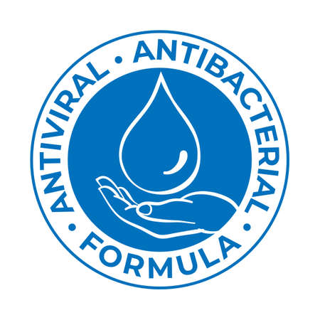 Antiviral antibacterial formula - Hand sanitizer vector icon. Antibacterial soap or antiseptic gel label, toilet bath gel cleaner antibacterial product package seal. Stop coronavirus concept.のイラスト素材