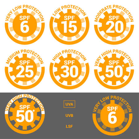SPF 6 15 20 25 30 50 sun protection, UVA, UVB and LSF vector icons. Low / moderate, medium, high, very high sunblock, skin UV protection lotion and cream package label.のイラスト素材