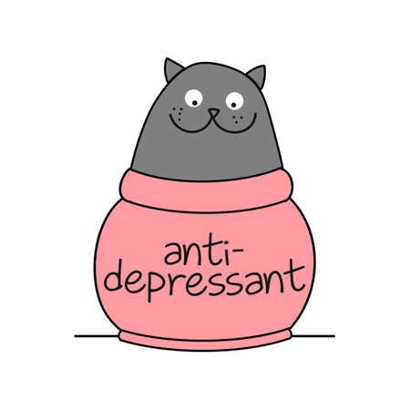 Funny cat with antidepessant text - funny quote design with gray cat. Kitten calligraphy sign for print. Cute cat poster with lettering, good for t shirts, gifts, mugs. Drug, medicine bottleのイラスト素材