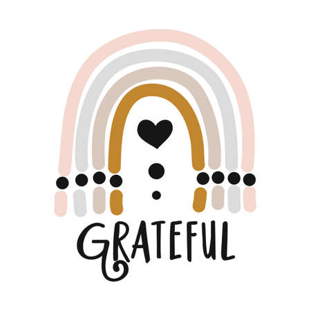 Grateful - cute rainbow decoration. Little pastel rainbow in scandinavian nordic style, posters for nursery room, greeting cards, kids and baby clothes. Isolated vector.のイラスト素材