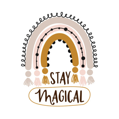 Stay Magical - cute rainbow decoration. Little rainbow in scandinavian nordic style, posters for nursery room, greeting cards, kids and baby clothes. Isolated vector.のイラスト素材