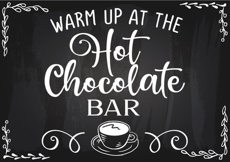 Warm up at the Hot Chocolate bar - Calligraphy phrase on blackboard. Hand drawn lettering for Xmas greetings cards, invitations. Good for t-shirt, mug, scrap booking, gift ... Holiday quotes.のイラスト素材