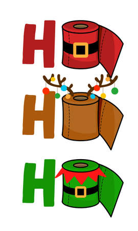 Ho Ho Ho - Merry Christmas 2020 Quarantine, Cartoon doodle drawing toilet papers in Santa and Elf costume and with reindeer antlers. Text for self quarantine times. 2020 special edition Xmas.のイラスト素材