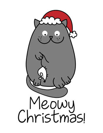 Meowy Christmas - Cute gray cat with white mouse gift and Santa hat, Meowy Catmas cartoon vector doodle illustration. Funny doodle animal.のイラスト素材