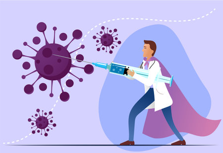 COVID-19 Virus Vaccine poster. Doctor fighting coronavirus with syringe. Injection, prevention, immunization, cure and treatment for 2019-ncov infection. fighting the COVID-19 epidemic with hope 2021.のイラスト素材