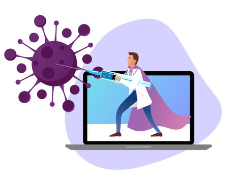 COVID-19 Virus Vaccine poster. Doctor fighting coronavirus with syringe. Injection, prevention, immunization, cure and treatment for 2019-ncov infection. fighting the COVID-19 epidemic with hope 2021.のイラスト素材